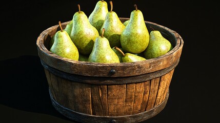 Fresh green pears in wooden basket on dark backdrop