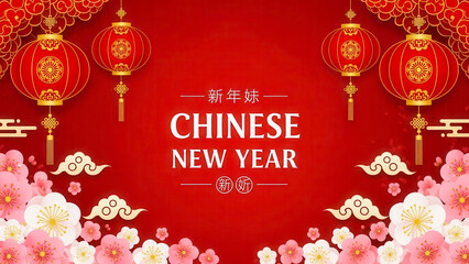 Vibrant chinese new year celebration with red lanterns auspicious clouds and blooming peonies on a festive red background