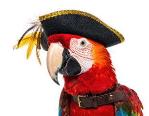 A vibrant, detailed parrot in a miniature pirate hat and collar, set against a transparent background