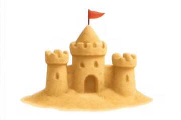 Sandcastle with red flag standing on a transparent background for summer beach vacation and children's play concepts