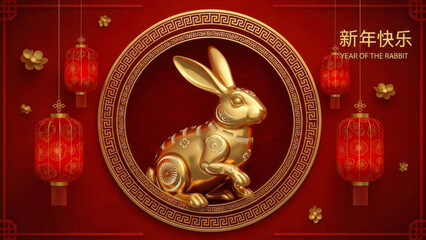 Golden rabbit statue in ornate oval frame surrounded by traditional red chinese lanterns and festive decorations