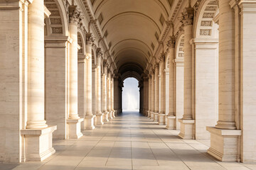 Classical architectural corridor with stone columns and an arched ceiling illuminated by natural light