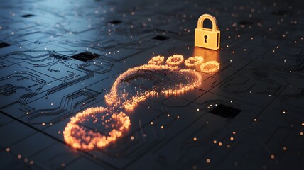 Golden padlock secures a glowing digital footprint on a dark circuit board representing data security and online privacy