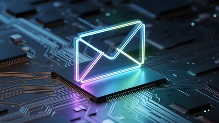 Glowing neon email icon rests on a futuristic circuit board with colorful lights