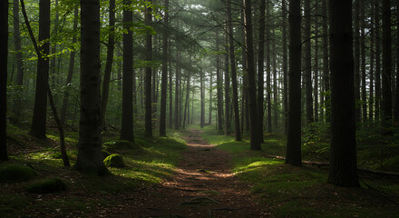 Fototapeta premium Path Through a Forest with Dense Trees and Moss