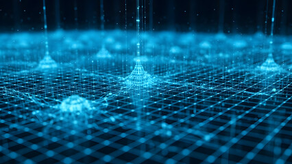 A blue abstract network grid with glowing nodes and vertical lines connecting to the grid surface
