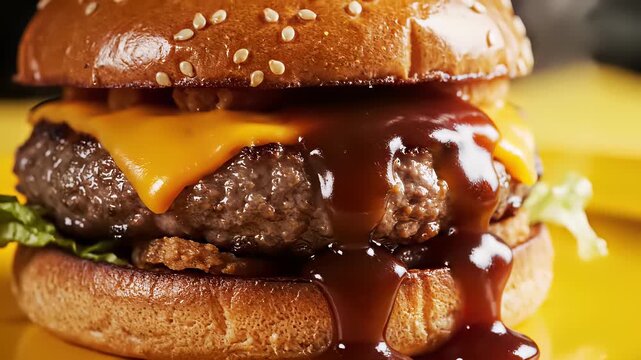 Juicy hamburger with melted cheese and savory sauce sits atop a bright yellow plate in a warm, inviting close up capturing the big flavors of this comforting meal perfect for advertising.