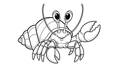 Cute Hermit Crab Cartoon with Big Eyes Line Art Illustration