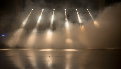Five bright spotlights illuminating dense stage smoke with dramatic lighting effects creating an atmospheric and moody ambiance on a reflective dark floor stage with scattered debris