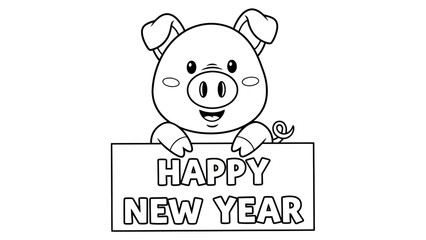 Cute Cartoon Pig Holding Happy New Year Sign Line Art