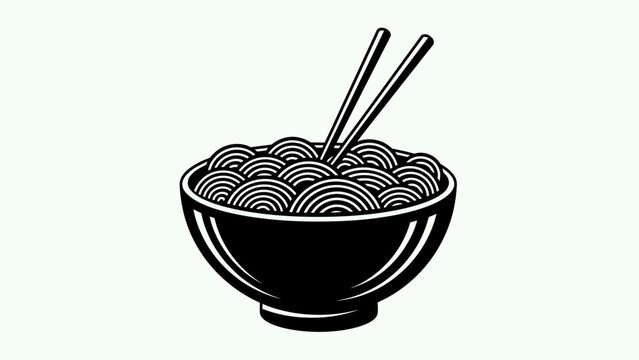 Black and White Bowl of Noodles with Chopsticks Clip Art
