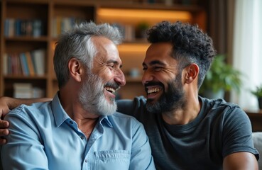 Diverse gay couple, older and younger men, laugh together on a couch at home. They share a happy, tender moment, showing love, deep bond, and connection in their living room, feeling joy.