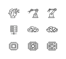 A comprehensive collection of line icons representing artificial intelligence, robotics, cloud computing, data servers, and microchips. Essential for modern technology designs and presentations.