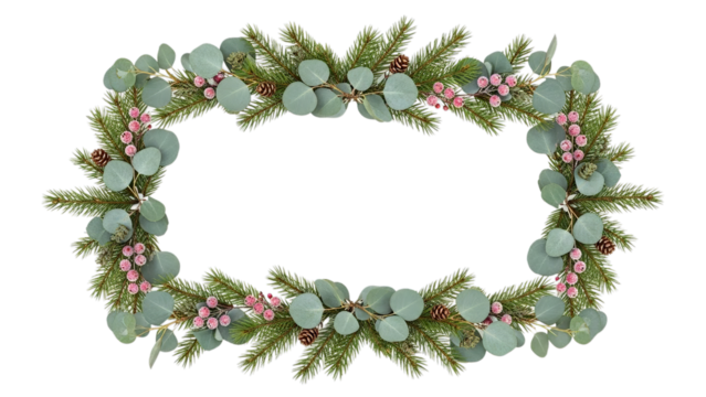 Festive Christmas Wreath Frame with Pine Branches Eucalyptus and Berries on transparent background - Powered by Adobe