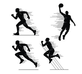 Vector silhouettes showcasing various athletic movements including sprinting, uphill running, and basketball shooting, emphasizing speed and dynamic action.