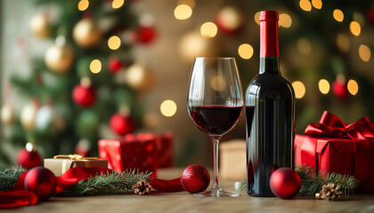 Fototapeta na wymiar Glass of red wine, bottle and Christmas decor on wooden table against background with blurred lights