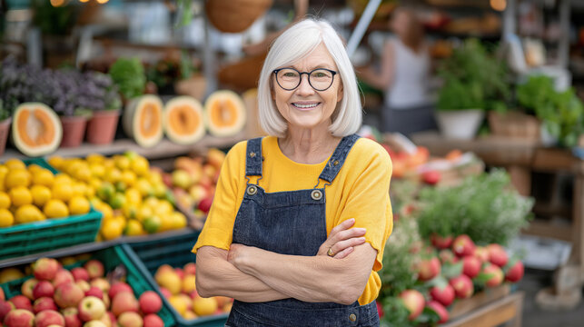 Happy senior woman standing in a fruit market. Elderly female shop owner with crossed arms selling fresh vegetables. Portrait of a smiling pensioner shopping for healthy food