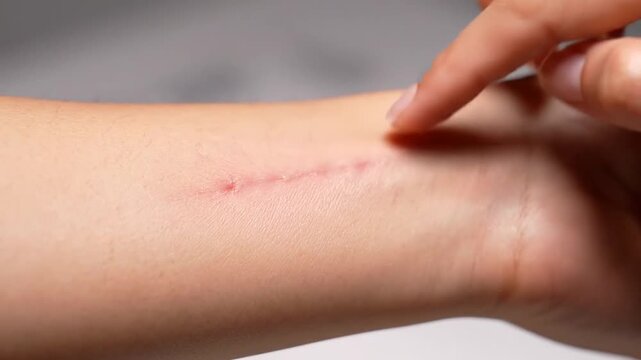 Close up of a person's hand touching a red scar on their wrist with a blurred background showing a soft light on their skin. The image focuses on the texture of the skin