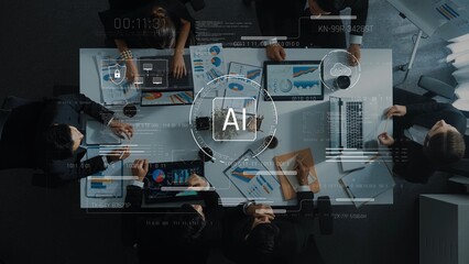 A diverse group of business professionals engaged in a collaborative meeting, analyzing data and strategies using modern technology and innovative tools. Raster