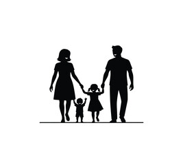 A heartwarming silhouette depicts a happy family of four, including parents, a daughter, and a young son, walking hand in hand, symbolizing love, unity, and protection.