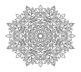 Detailed black outline mandala on a white background, perfect for coloring books, spiritual practices, meditation, relaxation, and decorative design elements.
