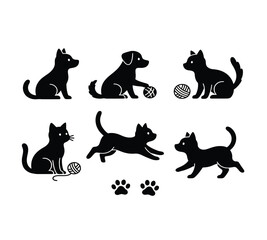 Collection of charming black cat and dog silhouettes in various playful poses, interacting with yarn balls, accompanied by adorable paw prints. Ideal for pet-related designs and logos.