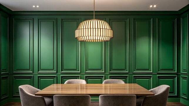 Elegant dining room with green paneled wall and modern light fixture