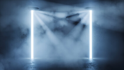 Modern Neon Frame with Smoke and Spotlight Effect on Concrete Floor