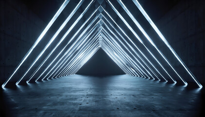 Futuristic Tunnel Entrance with Glowing Blue Triangular Neon Lights Reflecting on a Wet Concrete Floor Creates a Dramatic and Mysterious Atmosphere in a Dark Industrial Environment