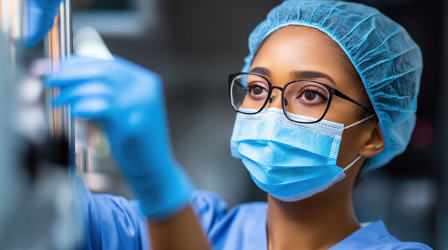 Focused African American female scientist wearing a face mask and glasses in a laboratory. Medical researcher working with equipment. Healthcare and science concept - Powered by Adobe