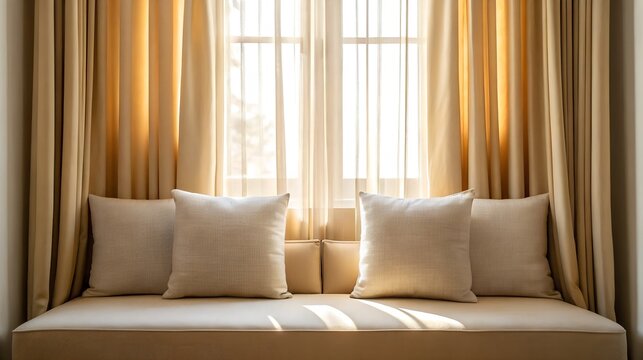 Cozy window seat with beige curtain and decorative throw pillow - Powered by Adobe