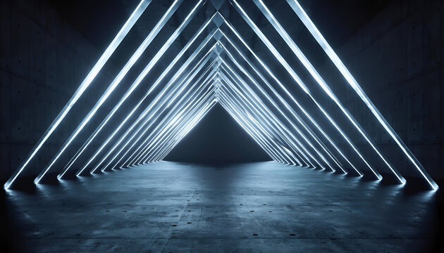 Futuristic Tunnel Entrance with Glowing Blue Triangular Neon Lights Reflecting on a Wet Concrete Floor Creates a Dramatic and Mysterious Atmosphere in a Dark Industrial Environment
