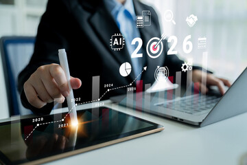 Bar graphs, charts, and number 2026 with AI and data analysis icons symbolizing future business innovation and analytics Parse