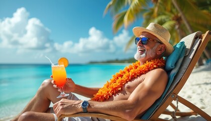 Elderly man relaxes on tropical beach in deck chair. Wears straw hat, sunglasses, orange flower garland. Man holds cocktail with orange slice, straw. White beard, watch on wrist. Palm trees, blue