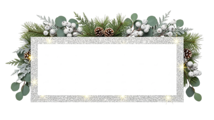 Festive winter holidays glitter frame with evergreen and berry decorations on transparent background