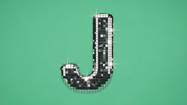 Shiny disco ball texture capital letter J on green background