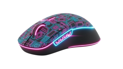 Gaming computer mouse with neon lights and intricate pattern isolated on black background isolated on white background isolated on transparent background