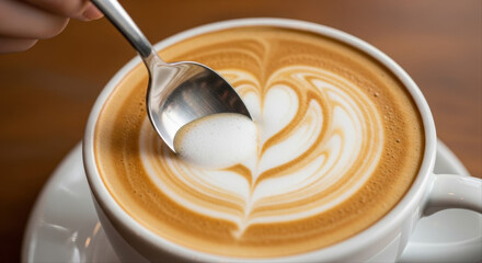 Close up of silver spoon gently stirring creamy milk foam in cappuccino cup with heart latte art