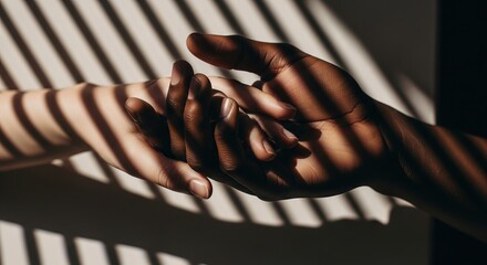 Interracial hands touching gently in shadow and light close up view