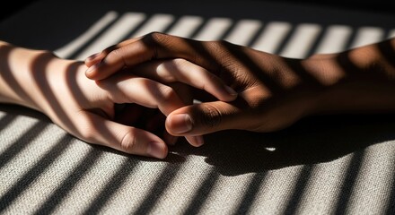 Interracial couple holding hands in sunlight and shadow pattern