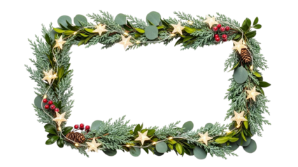 Festive holiday evergreen frame with star lights and winter accents on transparent background