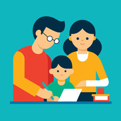 Fototapeta premium Family helping child with homework at a desk