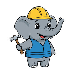 Cartoon Elephant Construction Worker with Hammer.