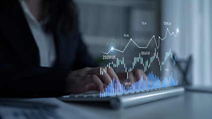 A professional business analyst is engaged in financial data work, using a digital tablet to view vibrant graphs and charts in a modern office setting. Scalp