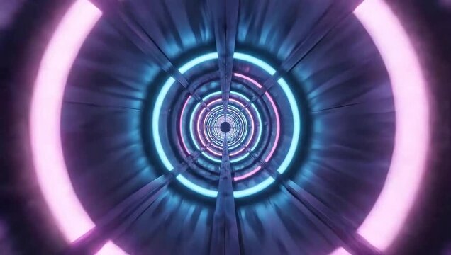 Fast forward motion through a glowing neon light tunnel with perspective depth in a seamless loop animation for sci-fi backgrounds.
