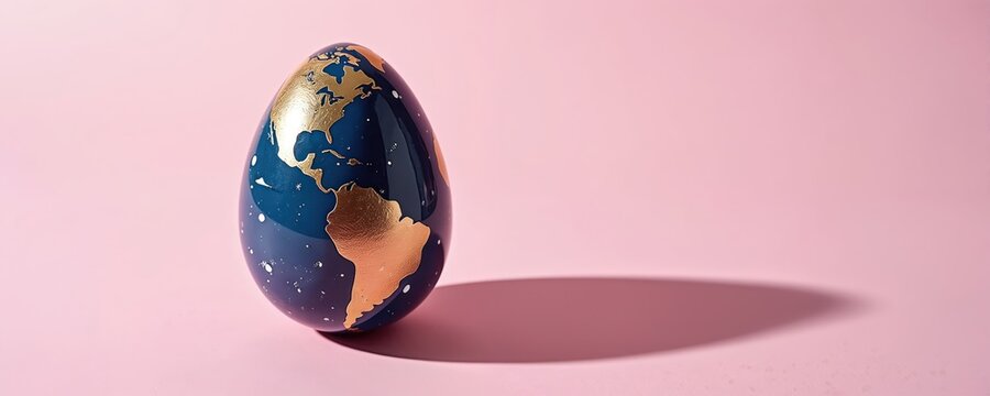 Creative easter egg on pink background. Eggshell shows golden earth continents. Decorative painted egg, shiny land areas and night sky. Earth easter concept for greeting cards holiday invitations.