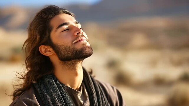 Young man beard, long hair appearance, humble ancient robes, desert contemplation scene, religious figure representation, spiritual meditation moment, faceless contemplative pose,