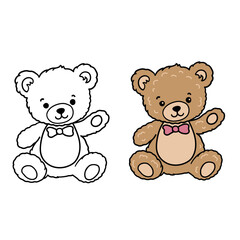 Cute teddy bear illustration featuring a colored bear and matching outline version. Adorable hand-drawn style perfect for kids’ designs, coloring pages, nursery decor, stickers