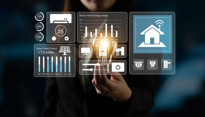 A business professional presents a glowing light bulb representing energy efficiency with a smart home interface displaying solar power data and usage analytics. Gantry