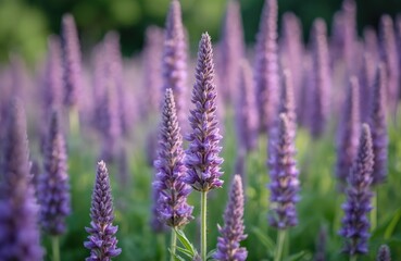 Naklejka premium Field of purple catnip flowers in bloom. Blossoms thrive in garden setting. Plants have lilac hues. Summer season shows beautiful nature and growth.